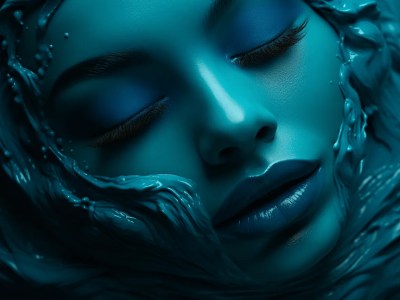 Woman'S Face In Blue Water With Blue Makeup On It