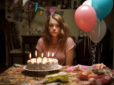 Woman Sitting In Front Of A Birthday Cake With Several Balloons