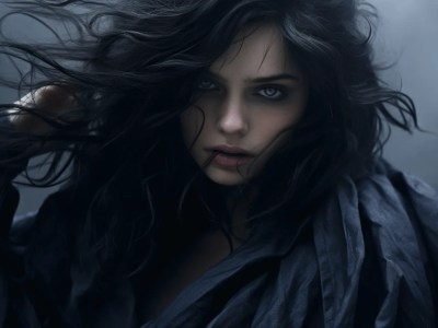 Woman With Very Long Black Hair On A Gloomy Night Background With Flowing Hair