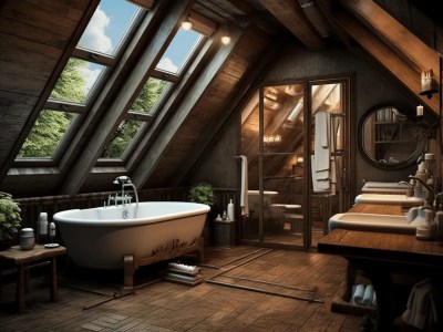 Wooden Bathtub Is In The Attic With Windows