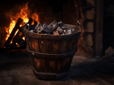 Wooden Bucket Is Sitting In Front Of A Fire