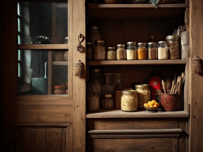 Wooden Cabinet Has Jars Of Spices In It