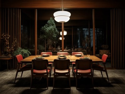 Wooden Dining Room With Red Chairs And Dark Walls