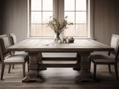 Wooden Dining Table In A Windowed Room