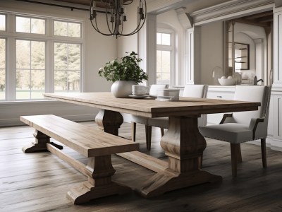 Wooden Dining Table With Bench And Chairs In A Dining Room