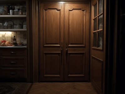 Wooden Door In The Kitchen Is Lit Up At Night