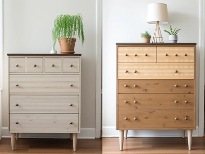 Wooden Dresser With A Plant And A Lamp On The End