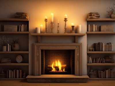 Wooden Fireplace With Candles And Books On Shelves