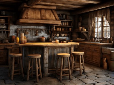 Wooden Kitchen With Stools