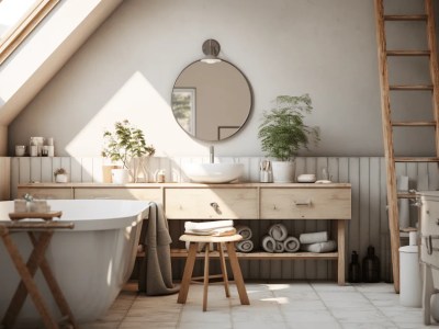 Wooden Ladder Is At The Top Of A Lofty Bathroom