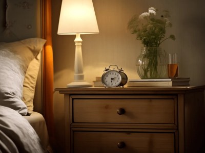 Wooden Nightstand With White Sheets And Lamp On Top