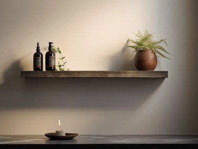 Wooden Shelf With A Bottle And Candle