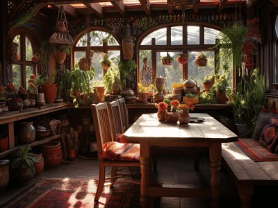 Wooden Table In A Room With Lots Of Plants On It