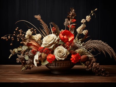 Wooden Vase With Autumnal Flowers