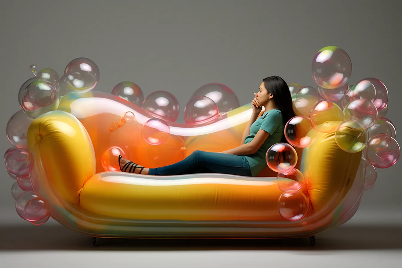 Chair filled with bubbles, surrealistic poses, realistic usage of light and color, social media portraiture, lightbox, orange and amber, tumblewave, rendered in maya