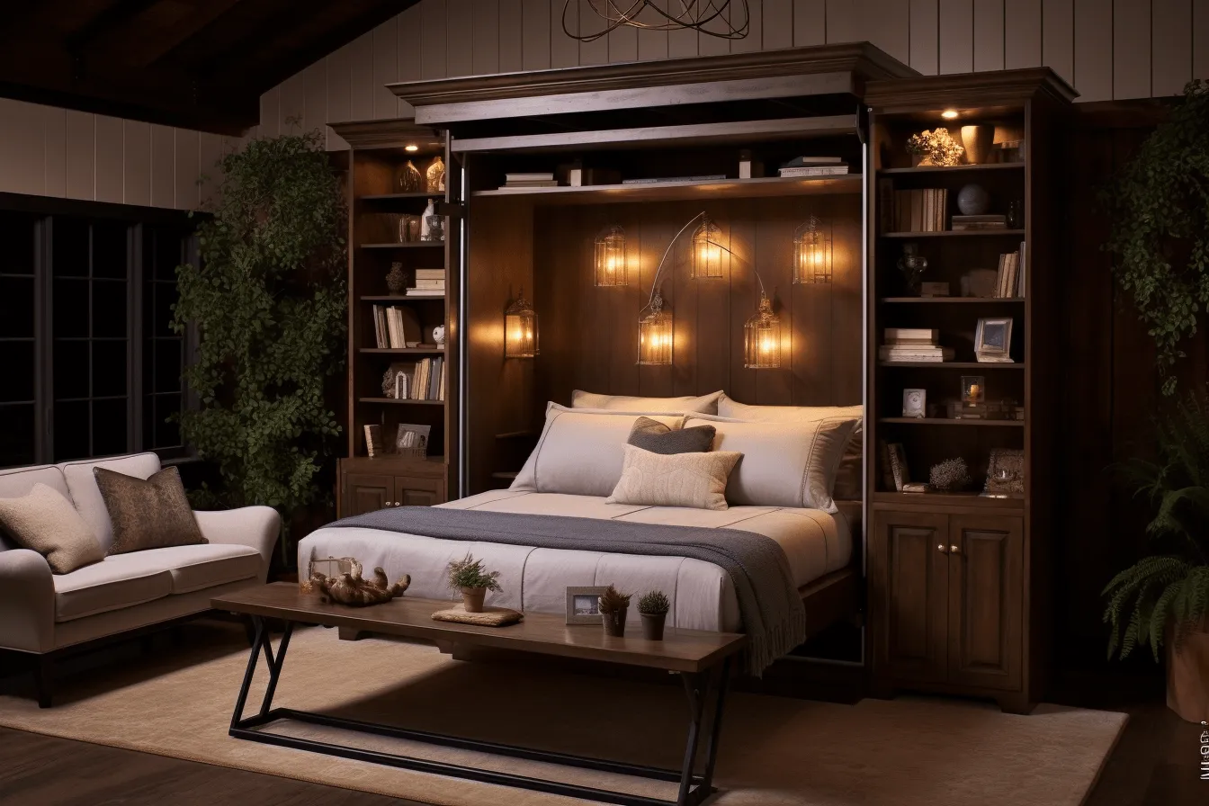 Wood bed and study with bookcase shelves, baroque-inspired lighting, 32k uhd, dark bronze and amber, captures the essence of nature, weathercore, soothing landscapes, high quality photo