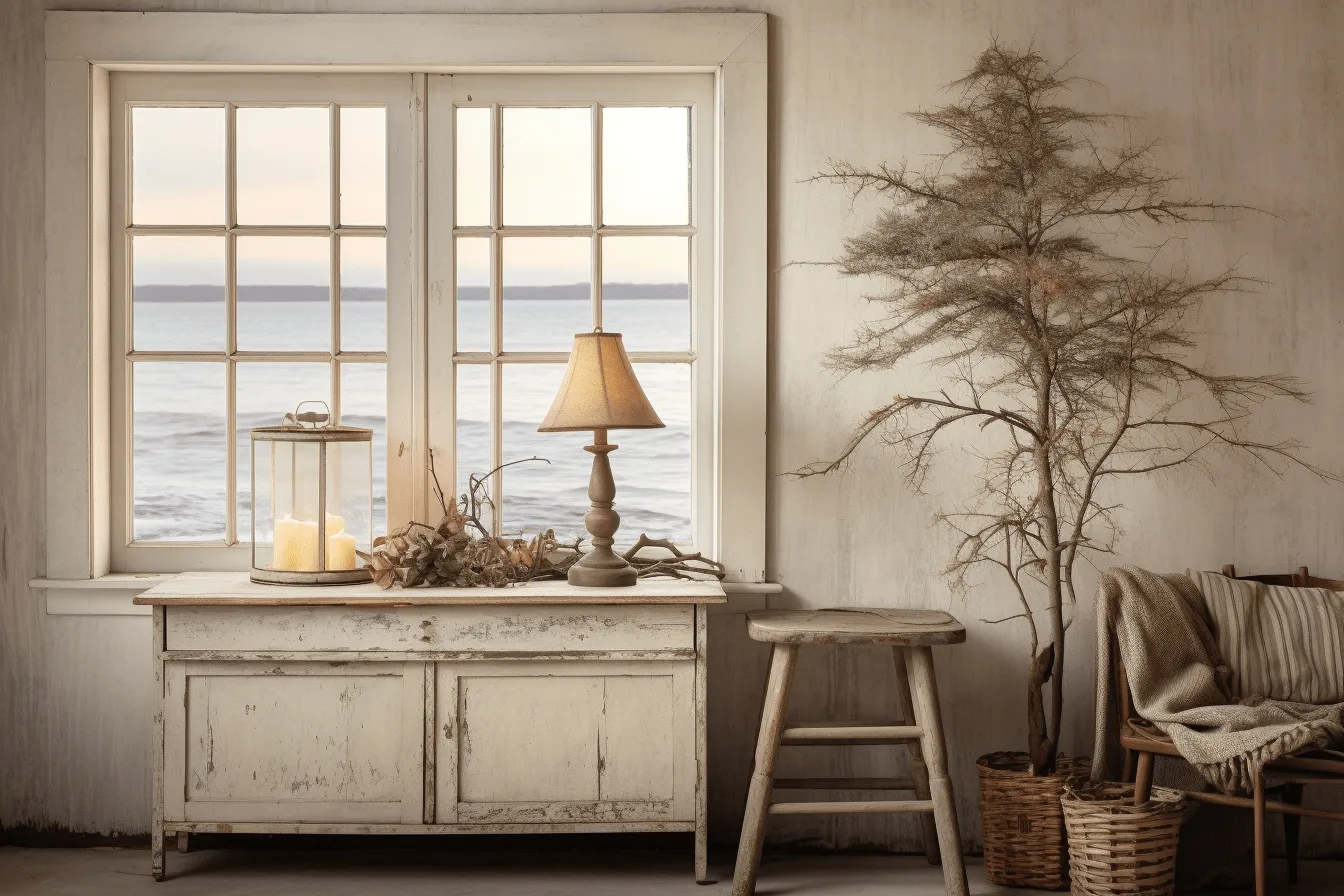 Window washed with soap, coastal scenery, festive atmosphere, danish design, soft, atmospheric lighting, distressed and weathered surfaces, beige and amber, nature-inspired pieces