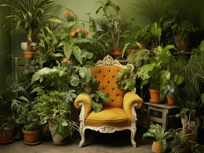 Yellow Chair Surrounded By Plants In A Green Room