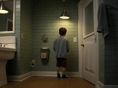 Young Boy Stares At The Bathroom Door