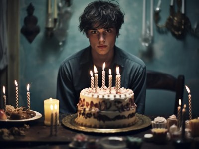 Young Man In Front Of A Cake With Candles Lit Up In Front Of Him