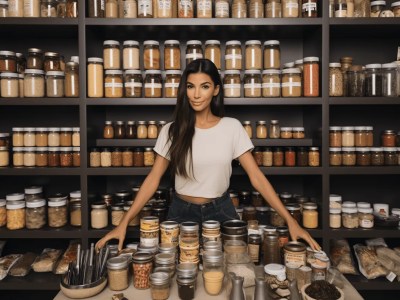 Young Woman In White Standing In Front Of Jars And Spices