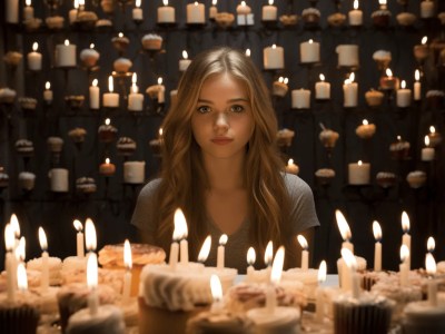 Young Woman Standing In Front Of A Huge Arrangement Of Candles