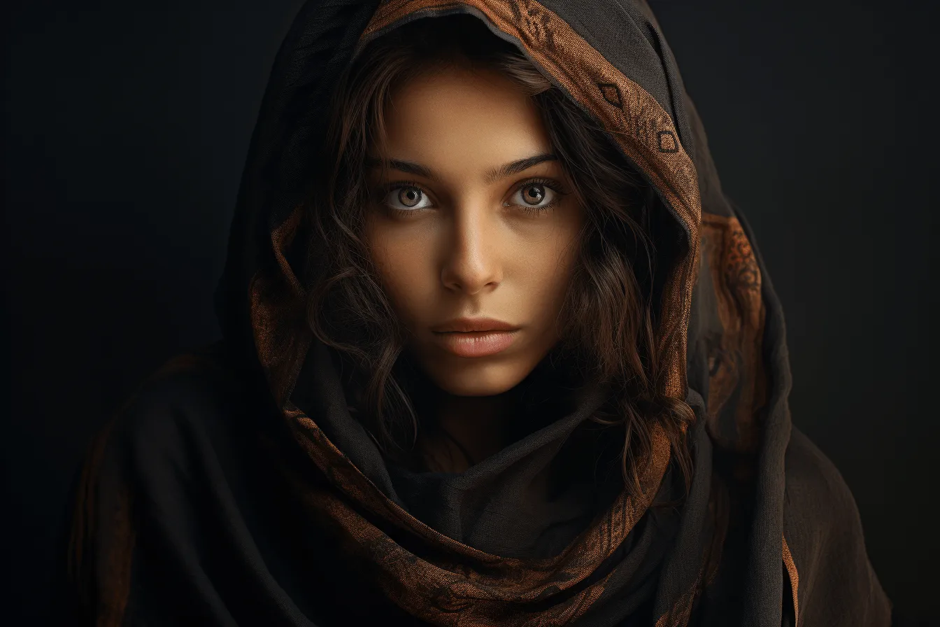 Beautiful women wearing a blue wrap, dark amber, photorealistic portraits, hurufiyya, dark black and dark beige, intense gaze, intricately sculpted, oriental